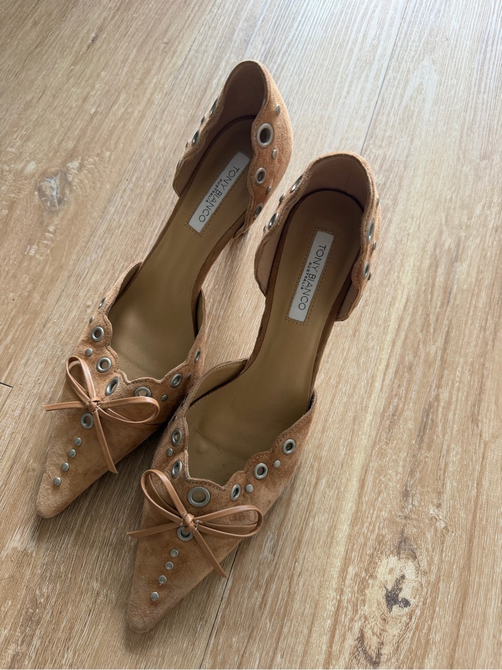 Tony Bianco Cognac Suede Pointed Toe Heels with Eyelet Bow
